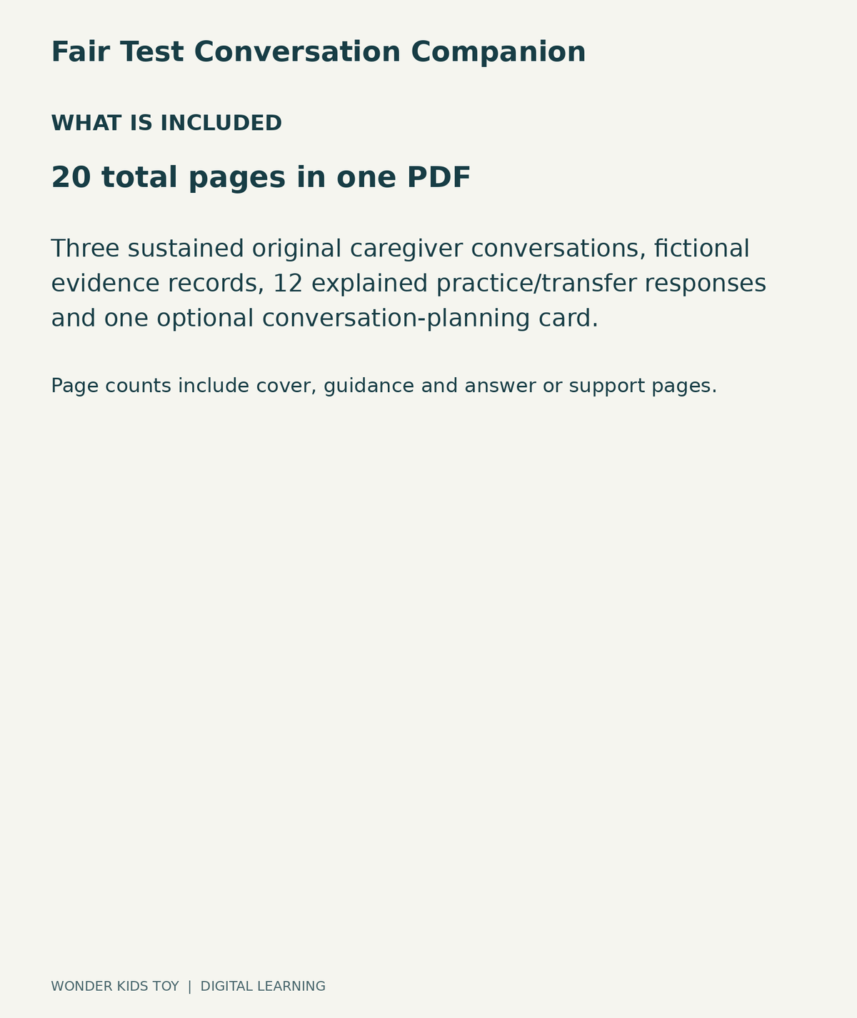Fair Test Conversation Companion: contents overview, one PDF with 20 total pages