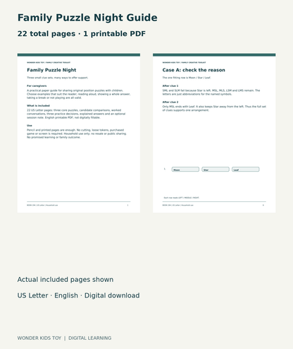 Family Puzzle Night Guide: actual included PDF cover and page6, 22 total pages