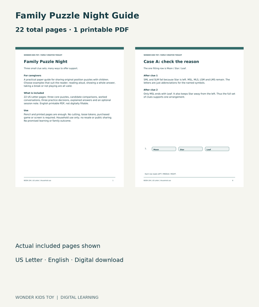 Family Puzzle Night Guide: actual included PDF cover and page6, 22 total pages