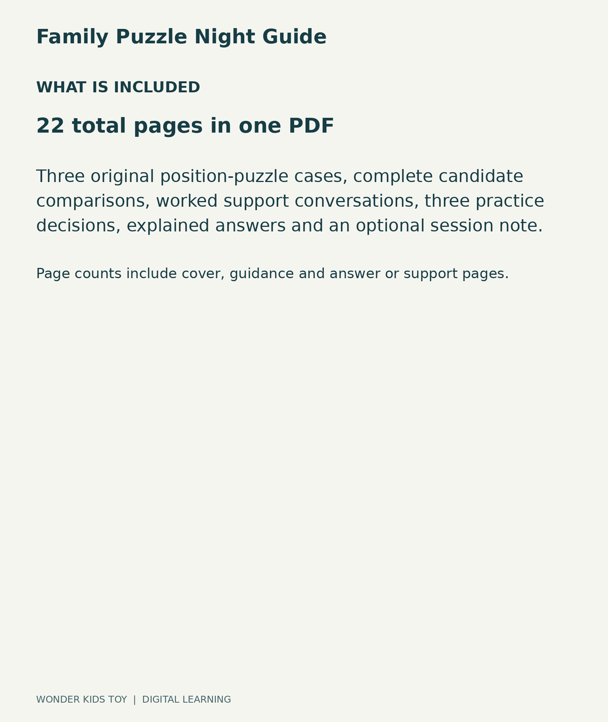 Family Puzzle Night Guide: contents overview, one PDF with 22 total pages