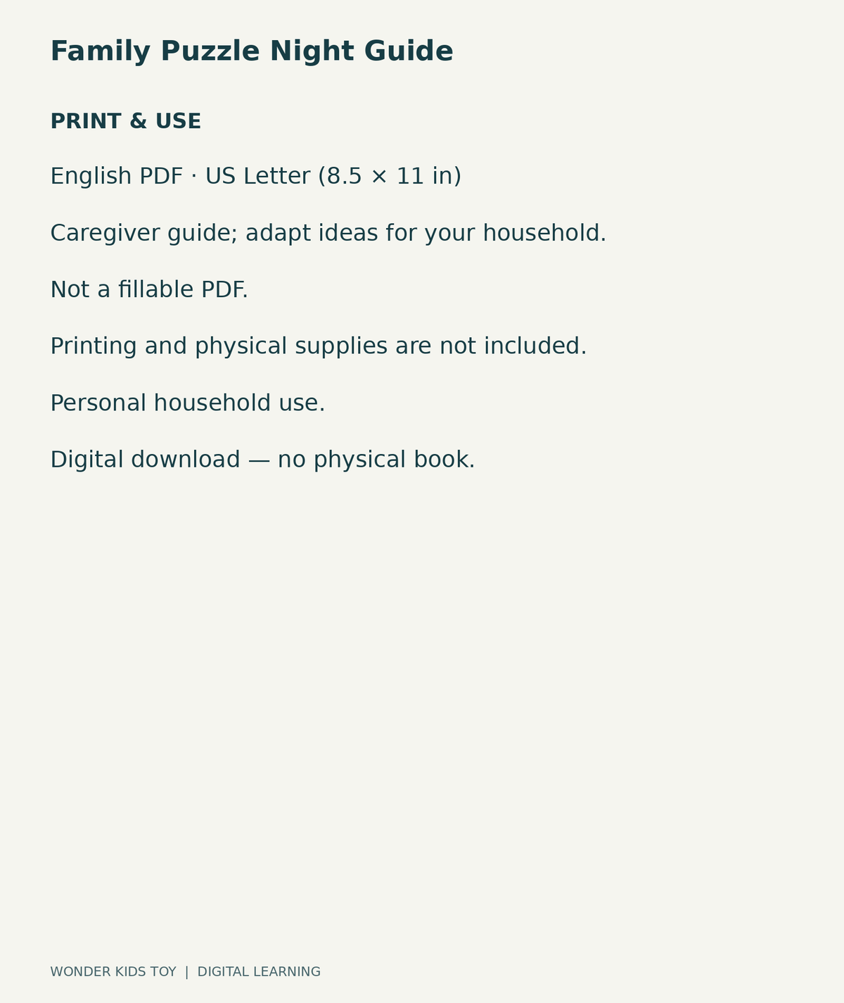 Family Puzzle Night Guide: US Letter English printable PDF and household-use details