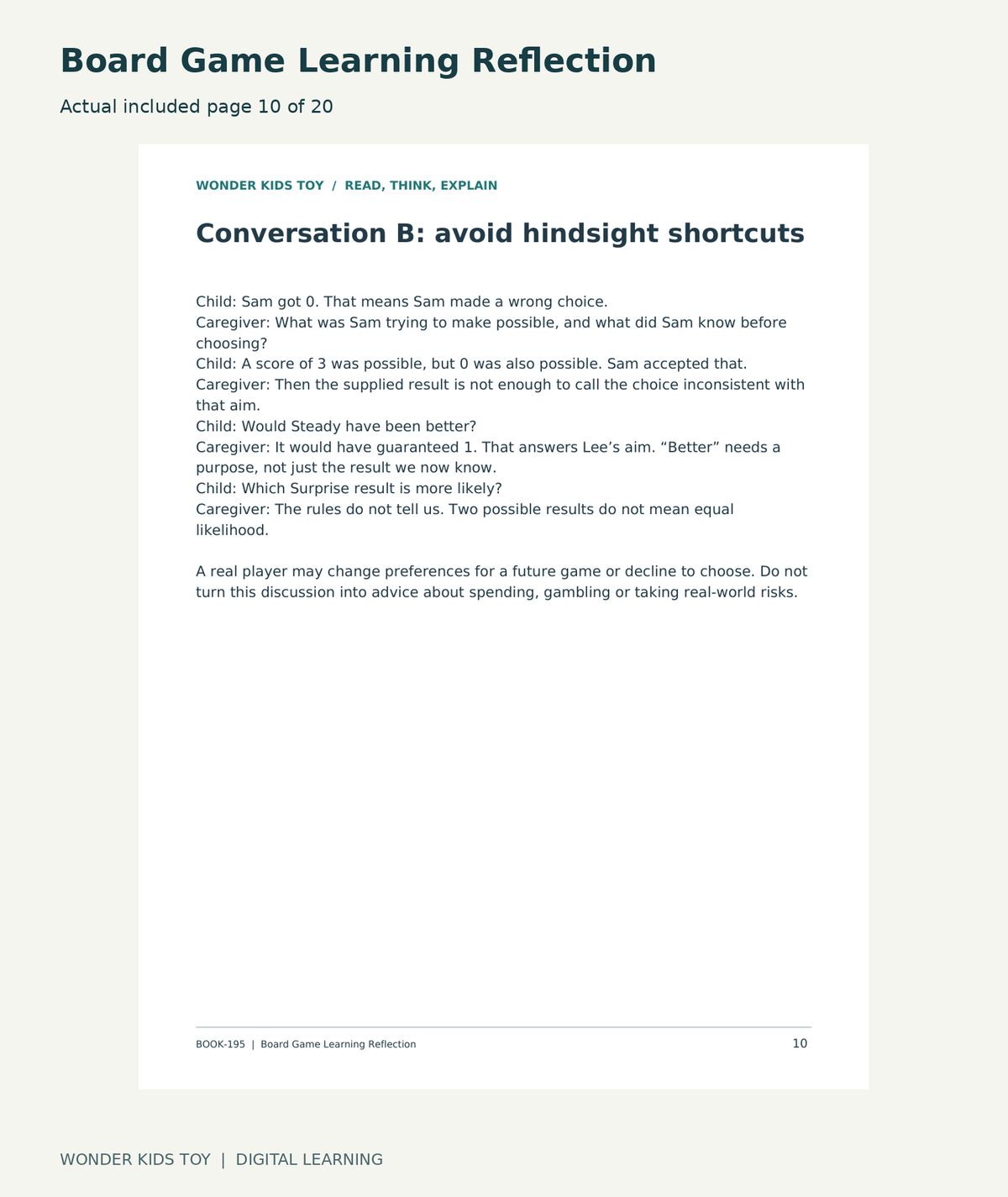 Board Game Learning Reflection: actual included PDF page10 of 20