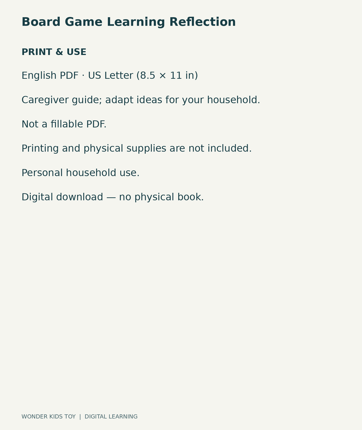 Board Game Learning Reflection: US Letter English printable PDF and household-use details