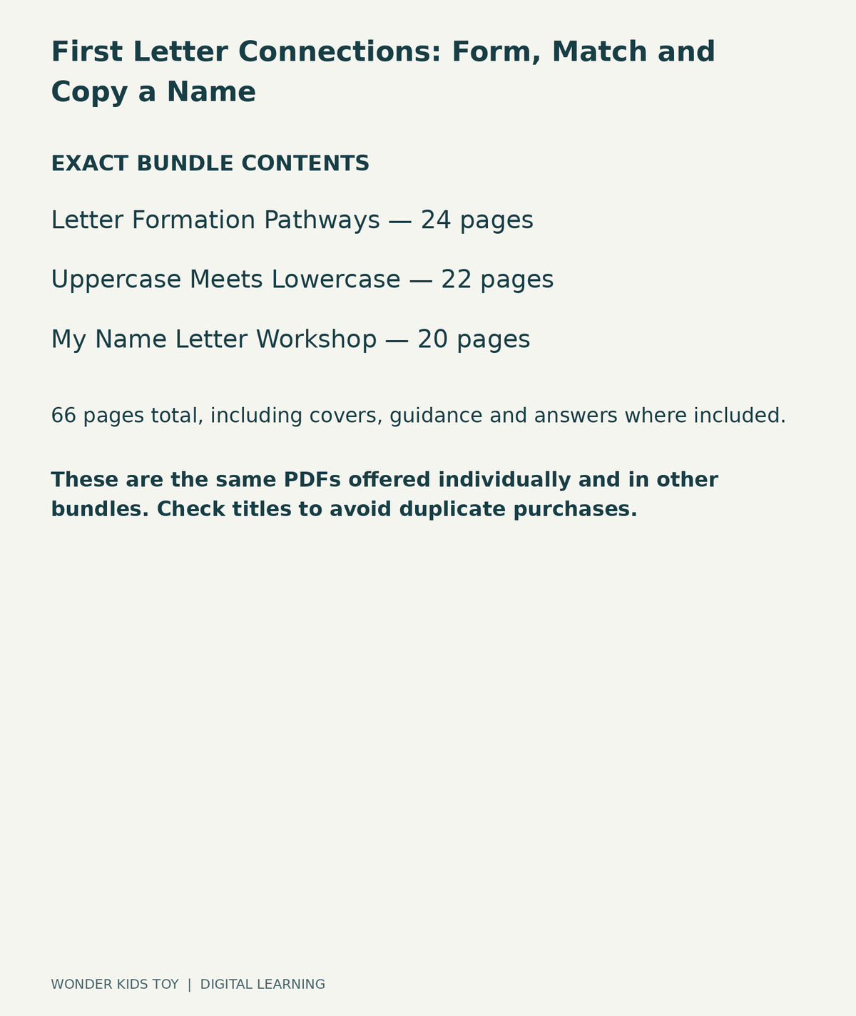 First Letter Connections: Form, Match and Copy a Name: exact contents, 3 PDFs and 66 total pages