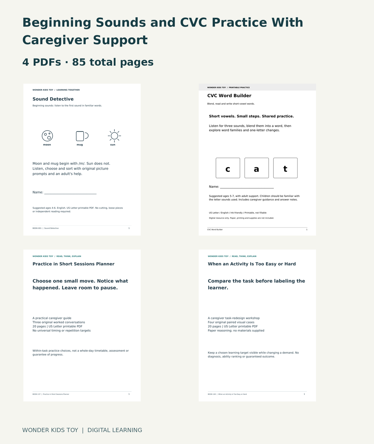 Beginning Sounds and CVC Practice With Caregiver Support: actual included PDF covers