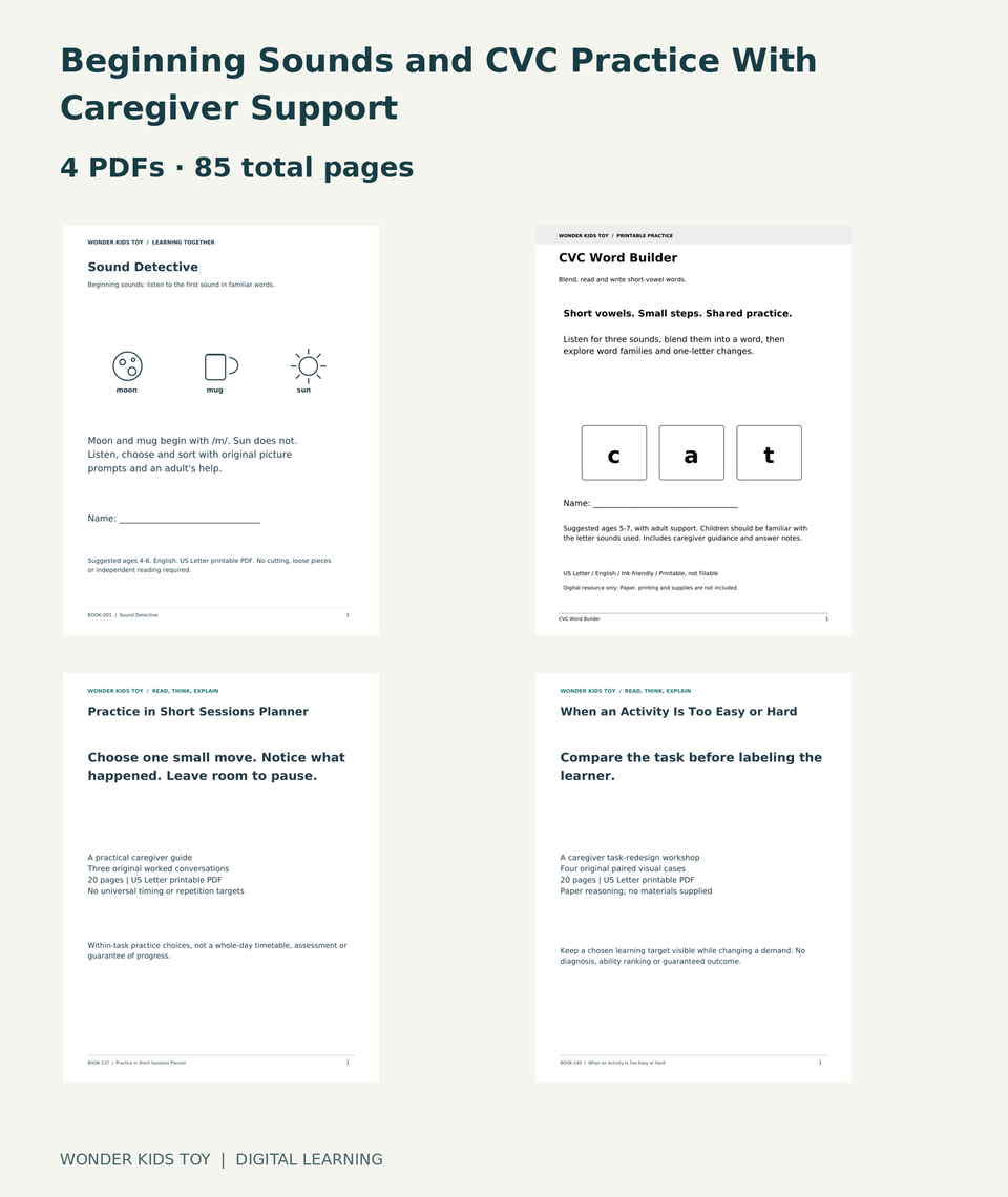 Beginning Sounds and CVC Practice With Caregiver Support: actual included PDF covers