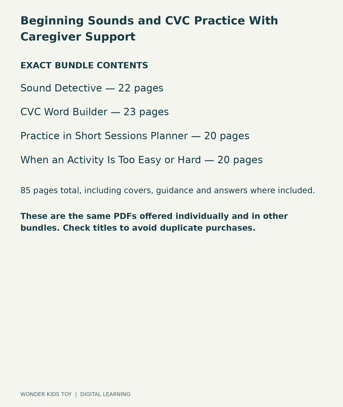 Beginning Sounds and CVC Practice With Caregiver Support: exact contents, 4 PDFs and 85 total pages