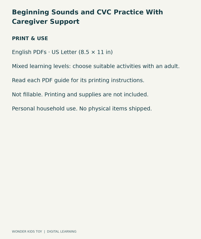 Beginning Sounds and CVC Practice With Caregiver Support: US Letter digital PDF print and household-use information