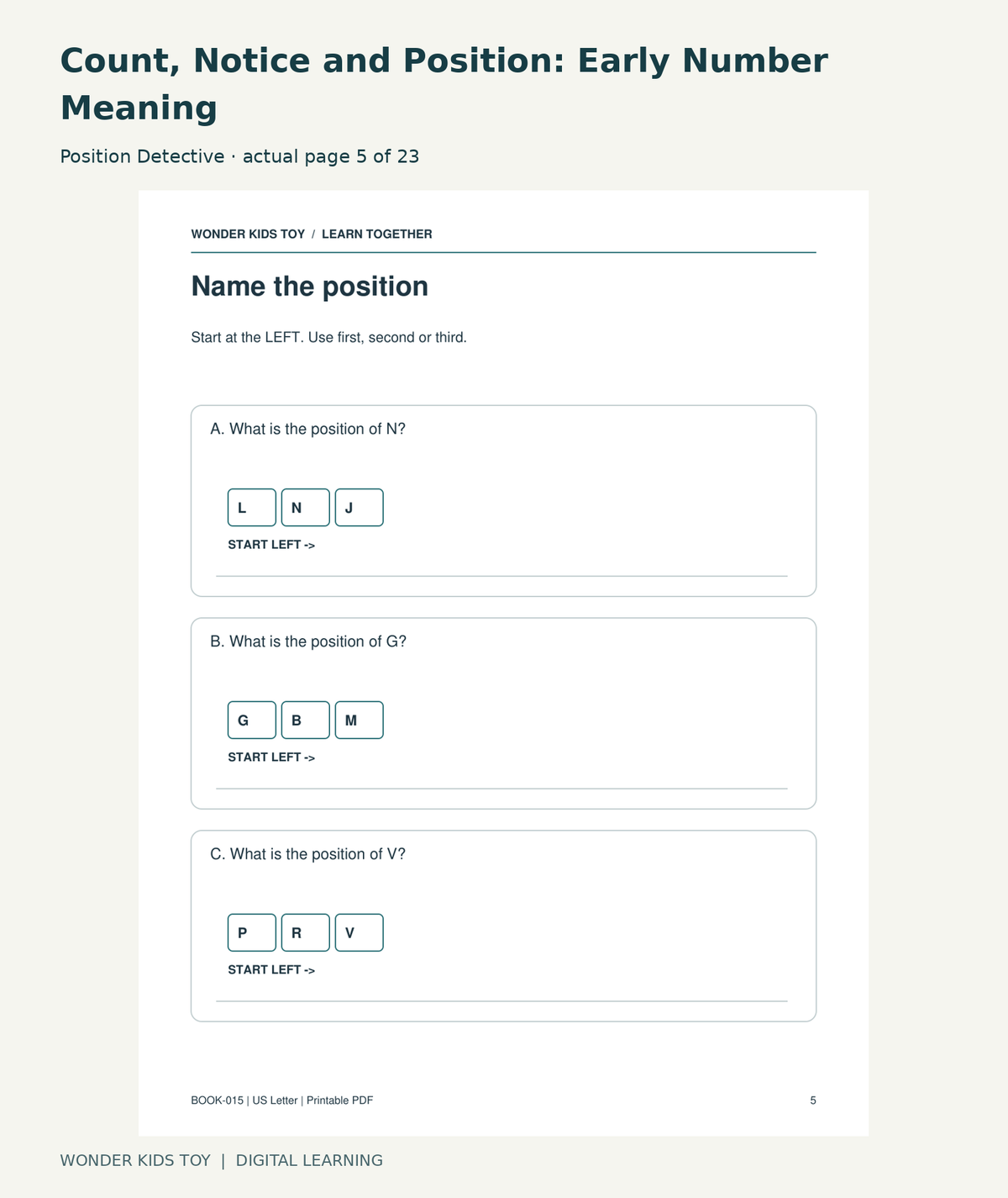 Count, Notice and Position: Early Number Meaning: Position Detective actual included page 5