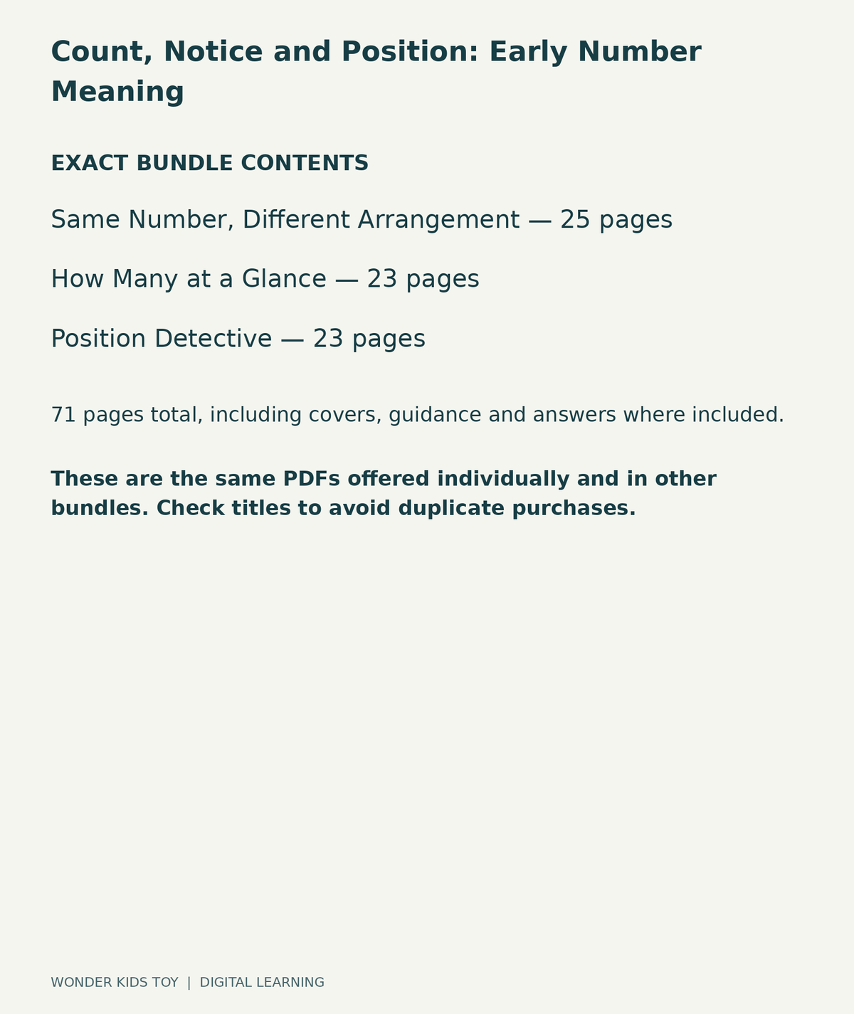 Count, Notice and Position: Early Number Meaning: exact contents, 3 PDFs and 71 total pages