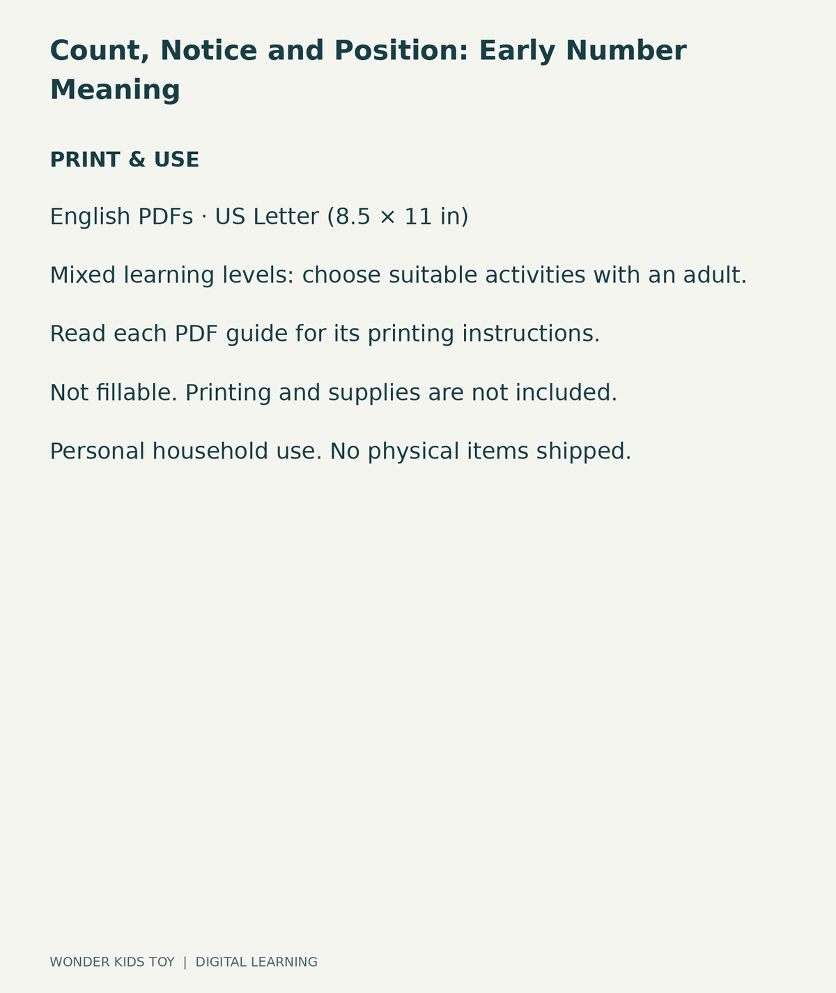 Count, Notice and Position: Early Number Meaning: US Letter digital PDF print and household-use information