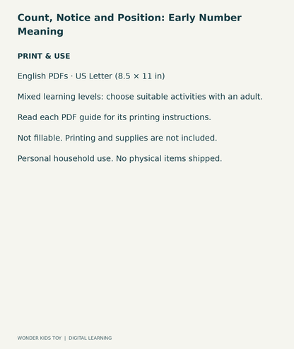 Count, Notice and Position: Early Number Meaning: US Letter digital PDF print and household-use information