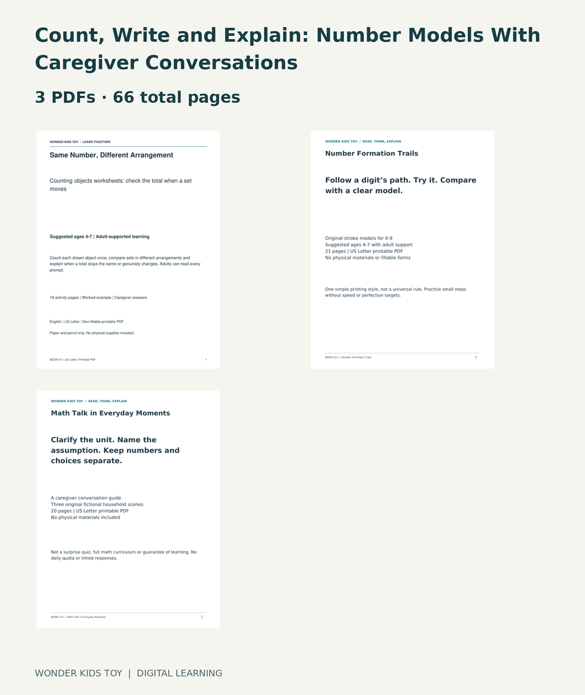 Count, Write and Explain: Number Models With Caregiver Conversations: actual included PDF covers