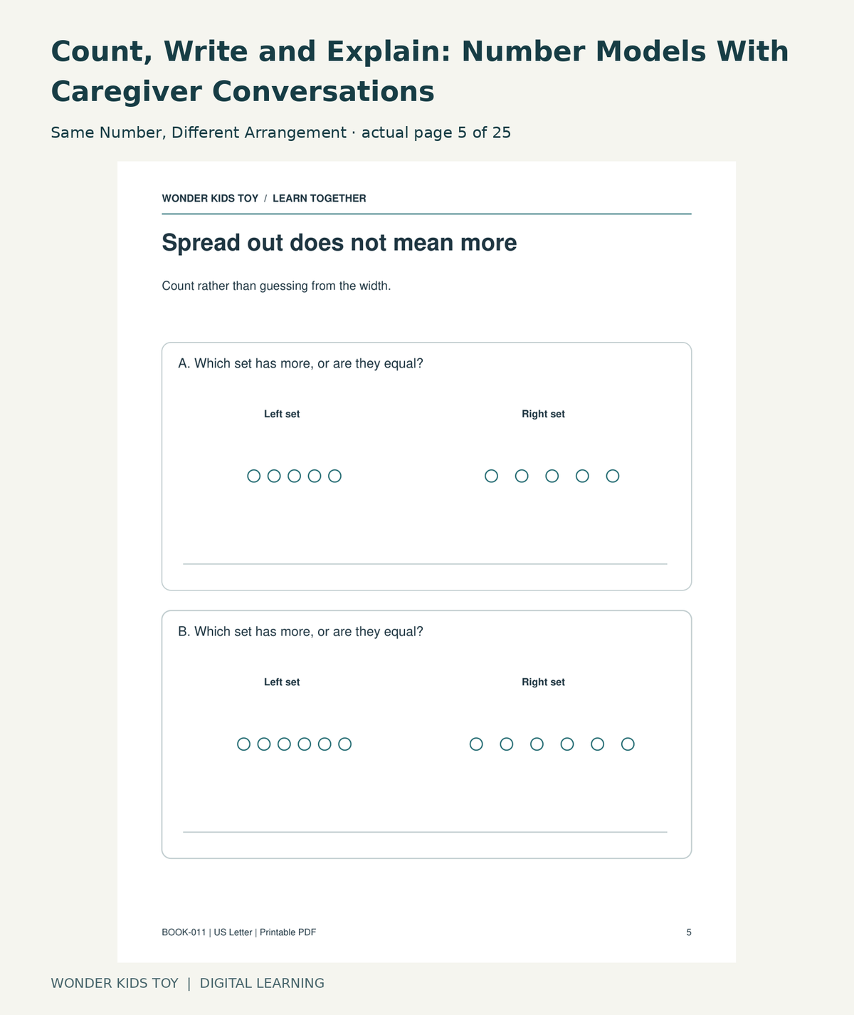 Count, Write and Explain: Number Models With Caregiver Conversations: Same Number, Different Arrangement actual included page 5