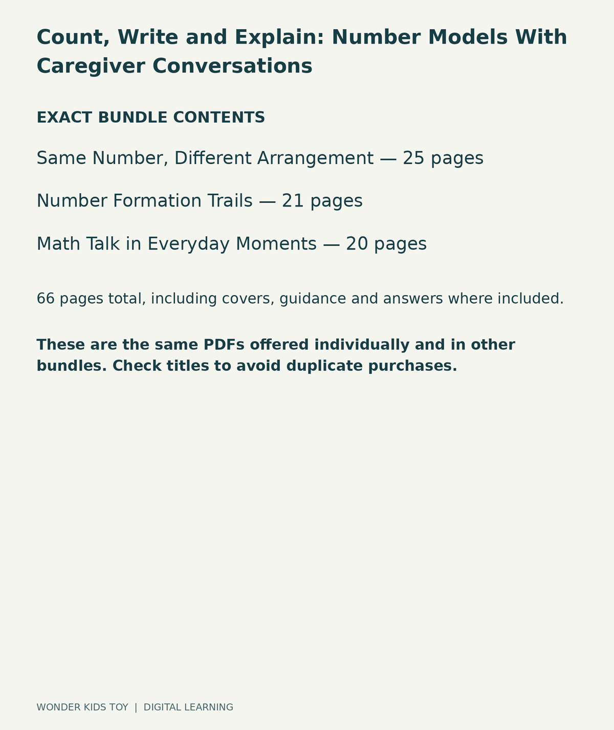 Count, Write and Explain: Number Models With Caregiver Conversations: exact contents, 3 PDFs and 66 total pages