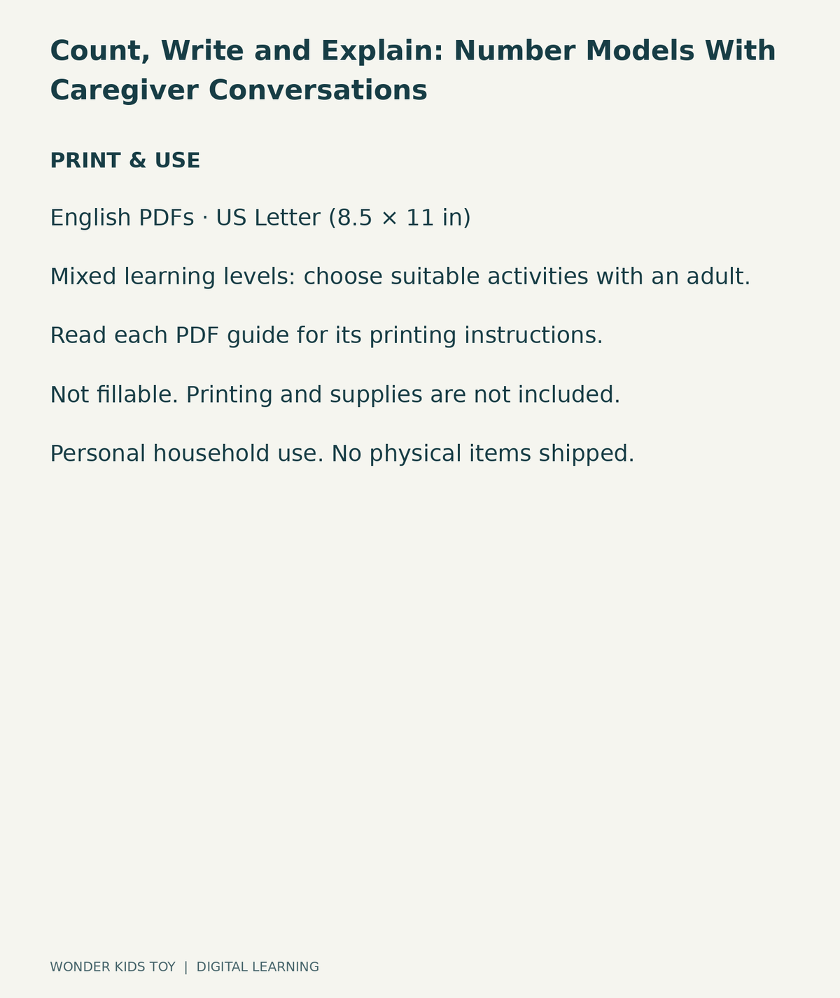 Count, Write and Explain: Number Models With Caregiver Conversations: US Letter digital PDF print and household-use information