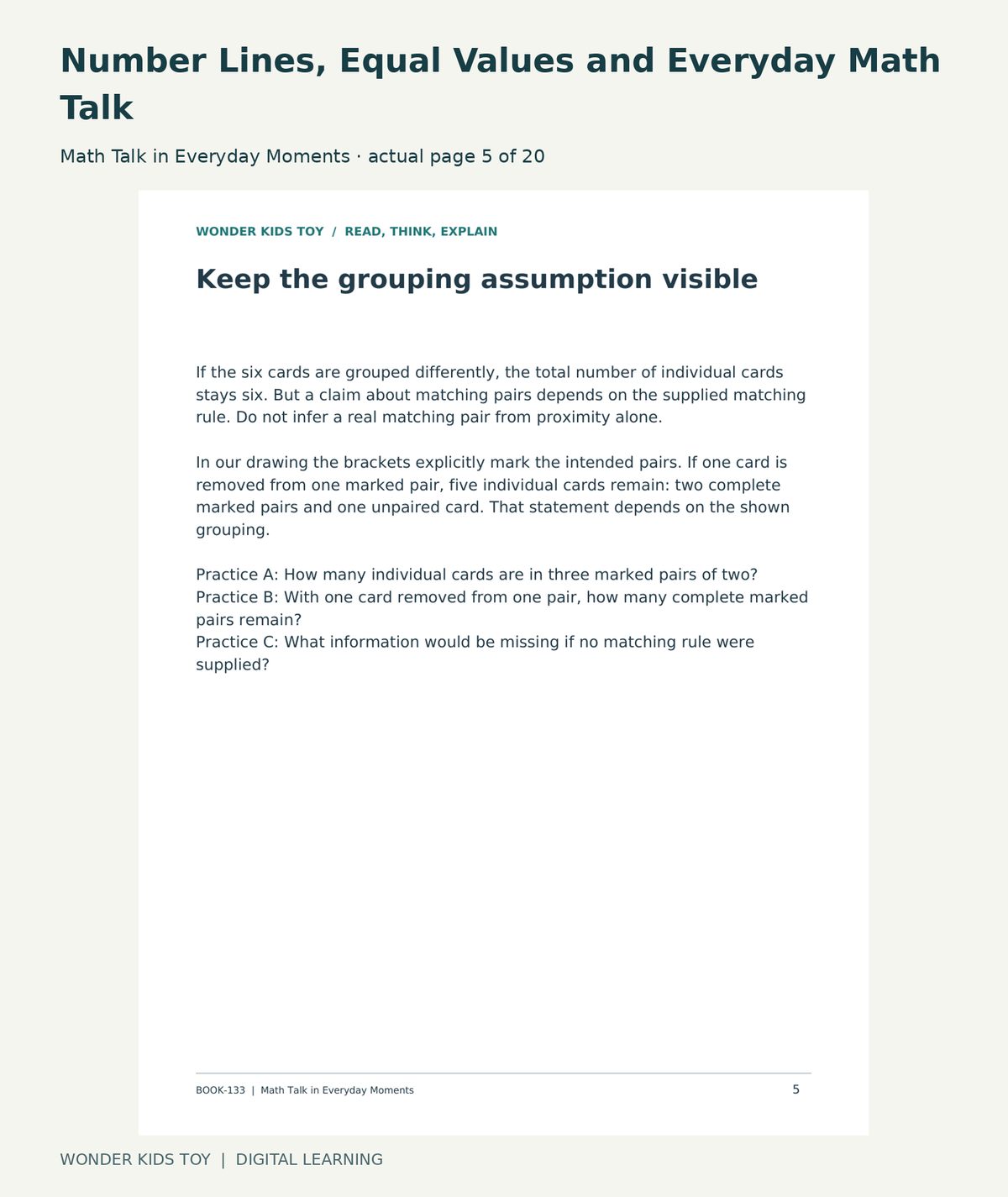 Number Lines, Equal Values and Everyday Math Talk: Math Talk in Everyday Moments actual included page 5