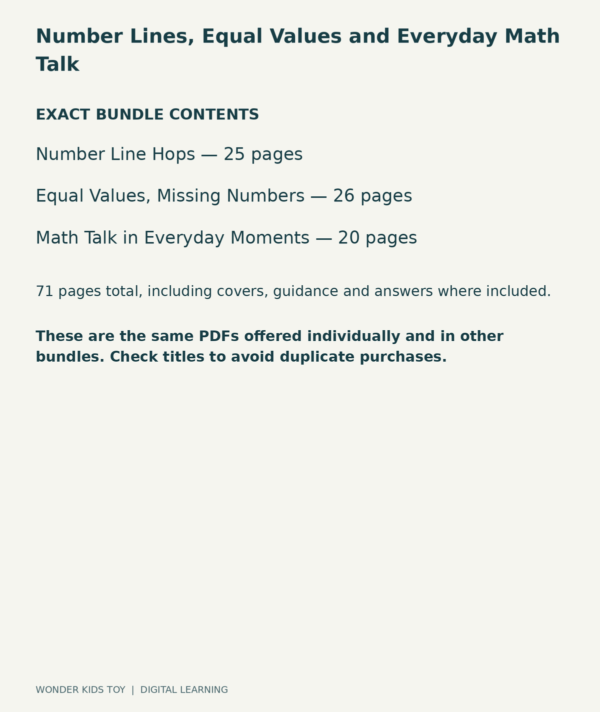 Number Lines, Equal Values and Everyday Math Talk: exact contents, 3 PDFs and 71 total pages