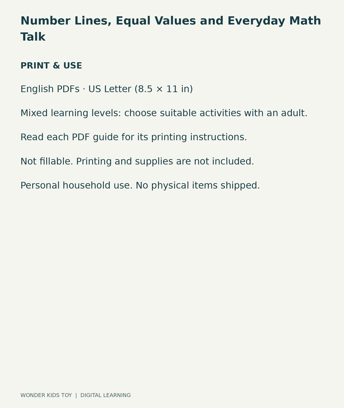 Number Lines, Equal Values and Everyday Math Talk: US Letter digital PDF print and household-use information