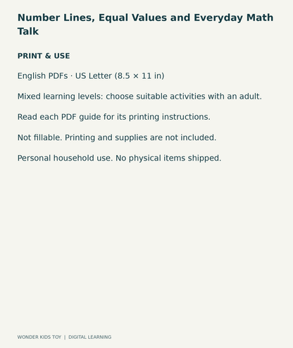 Number Lines, Equal Values and Everyday Math Talk: US Letter digital PDF print and household-use information