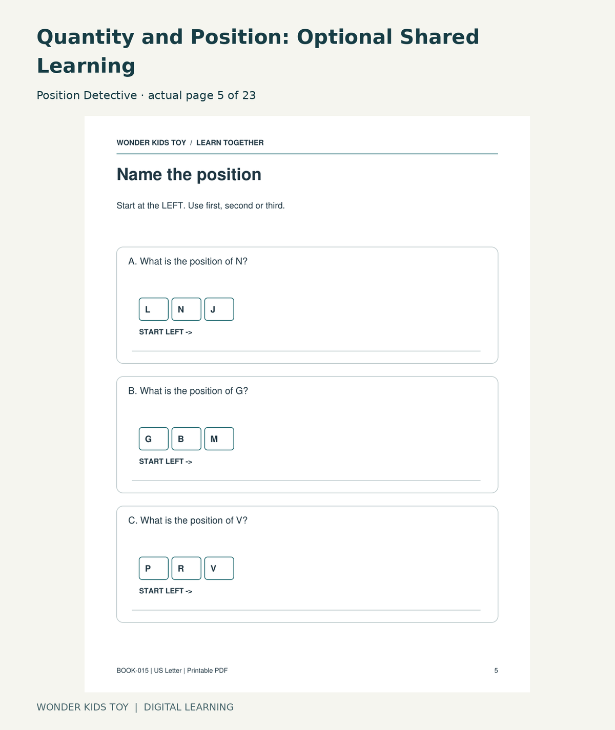 Quantity and Position: Optional Shared Learning: Position Detective actual included page 5