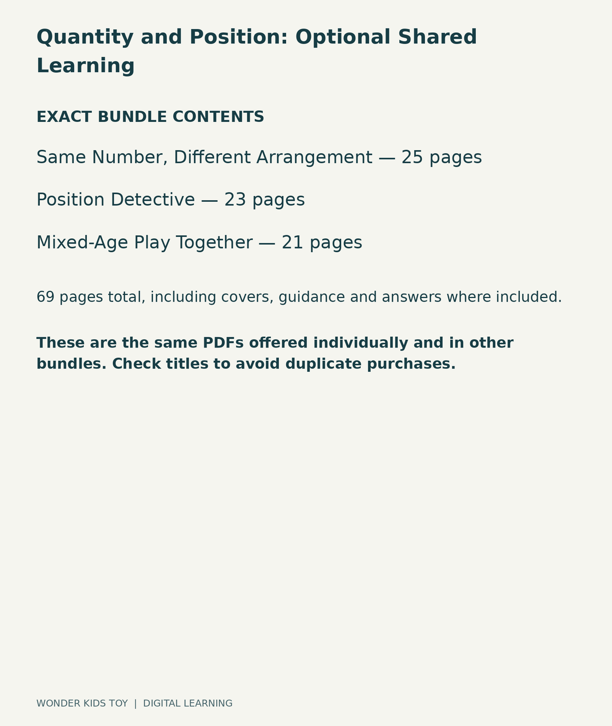 Quantity and Position: Optional Shared Learning: exact contents, 3 PDFs and 69 total pages