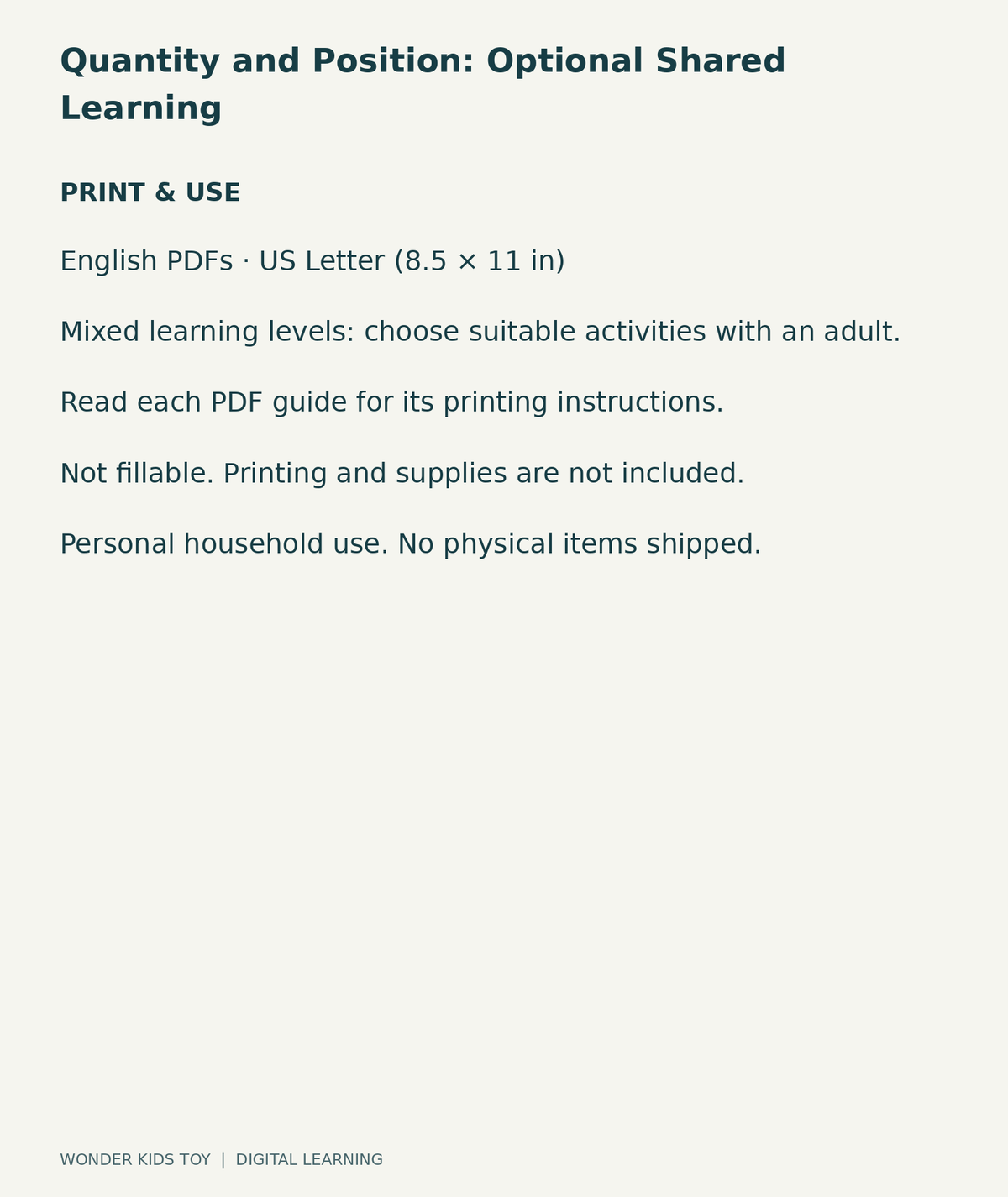 Quantity and Position: Optional Shared Learning: US Letter digital PDF print and household-use information