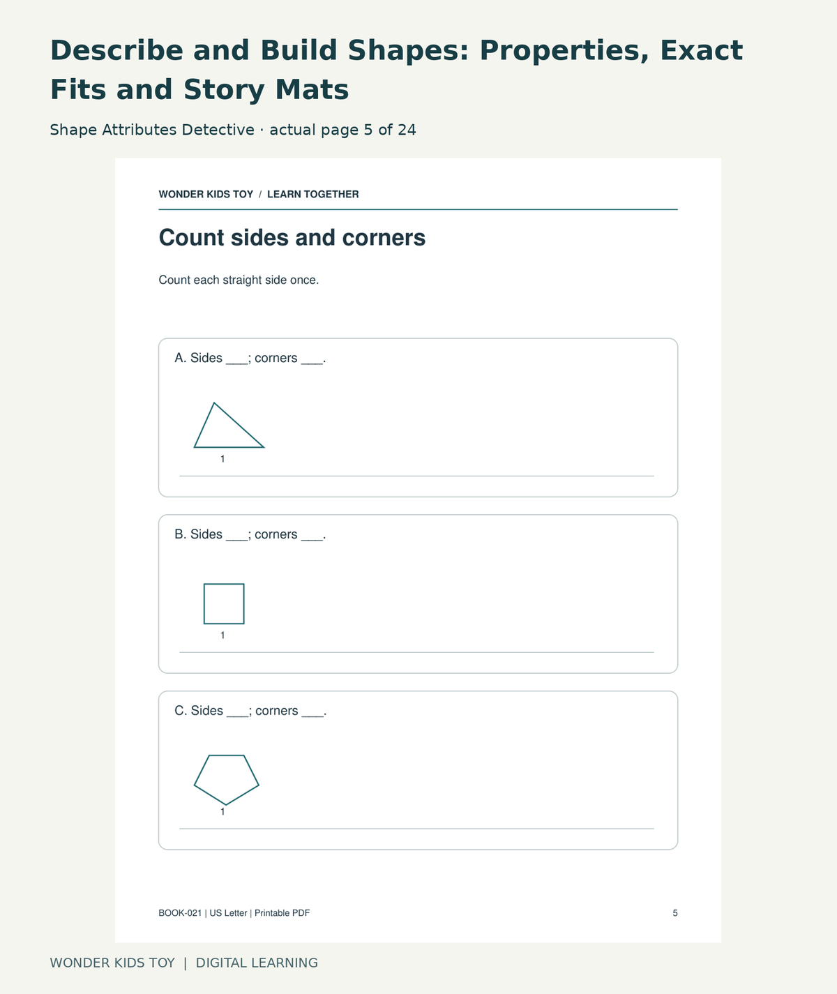 Describe and Build Shapes: Properties, Exact Fits and Story Mats: Shape Attributes Detective actual included page 5