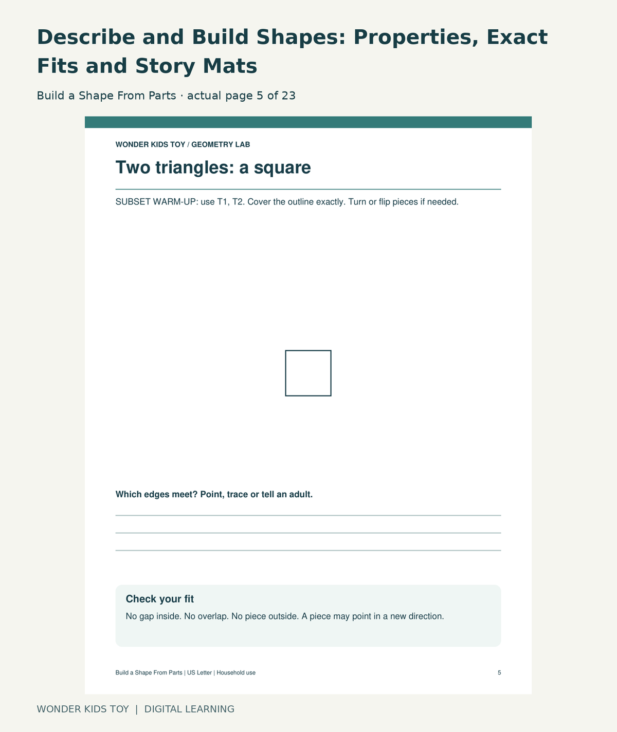 Describe and Build Shapes: Properties, Exact Fits and Story Mats: Build a Shape From Parts actual included page 5