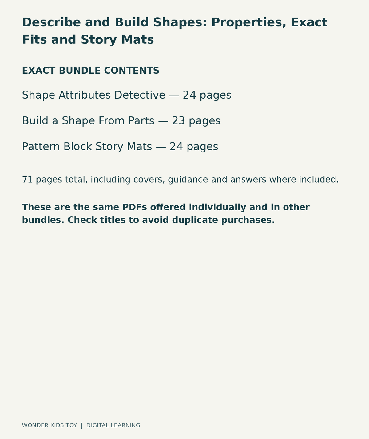Describe and Build Shapes: Properties, Exact Fits and Story Mats: exact contents, 3 PDFs and 71 total pages