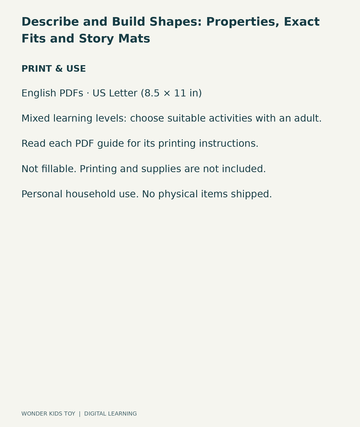 Describe and Build Shapes: Properties, Exact Fits and Story Mats: US Letter digital PDF print and household-use information