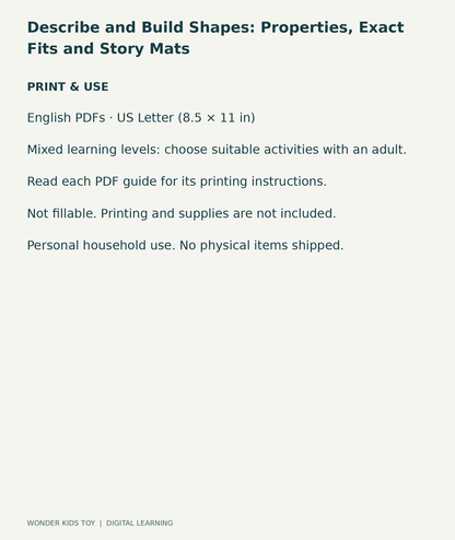 Describe and Build Shapes: Properties, Exact Fits and Story Mats: US Letter digital PDF print and household-use information