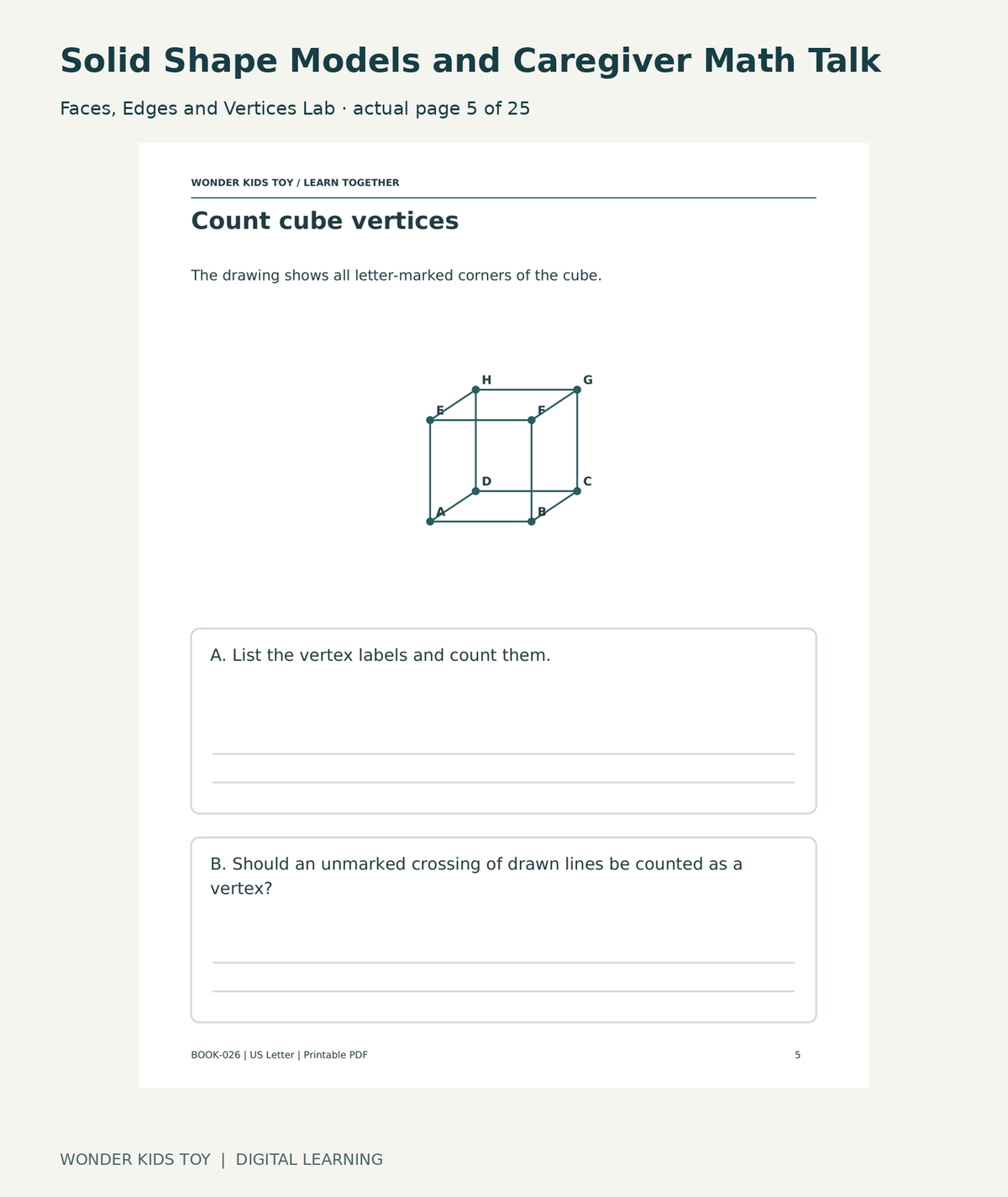 Solid Shape Models and Caregiver Math Talk: Faces, Edges and Vertices Lab actual included page 5