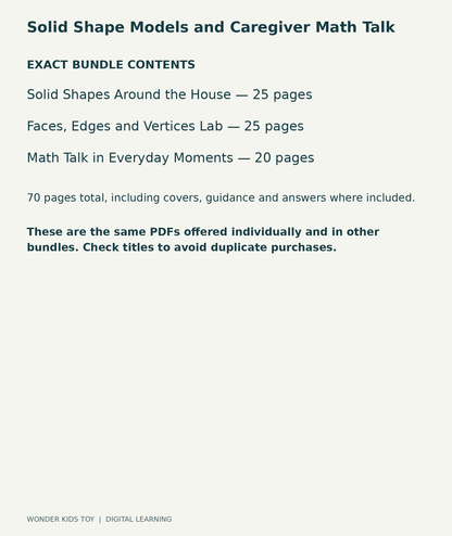 Solid Shape Models and Caregiver Math Talk: exact contents, 3 PDFs and 70 total pages