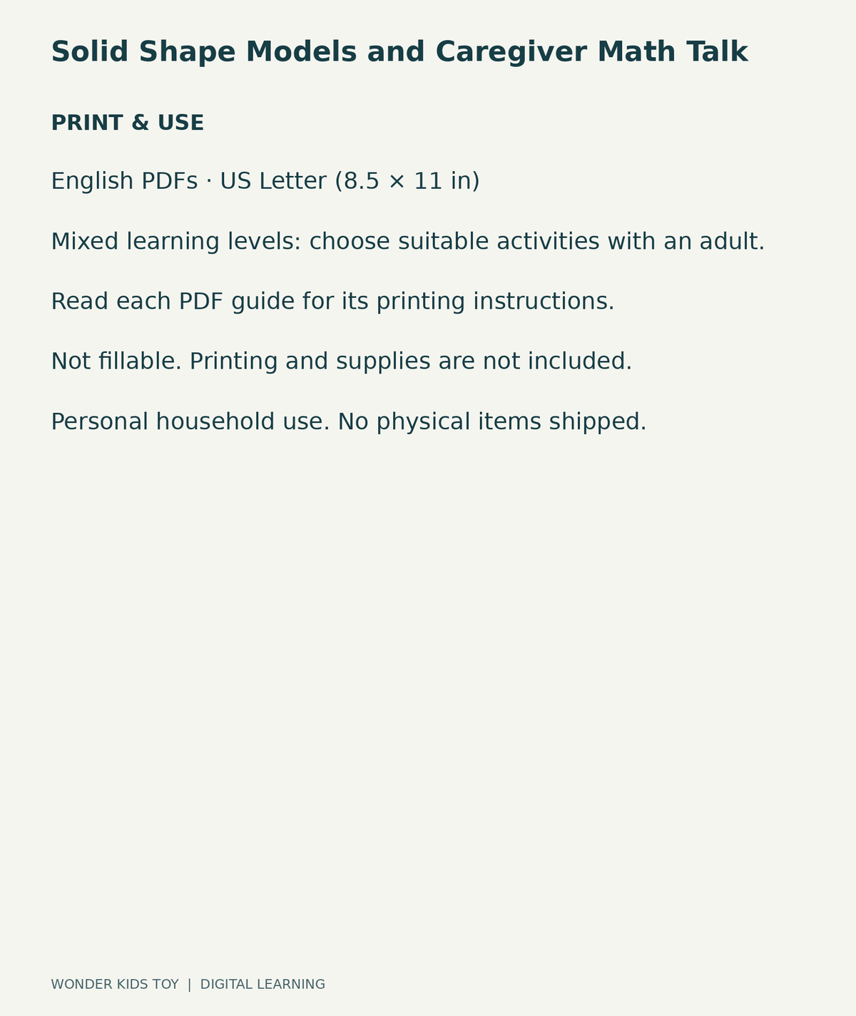 Solid Shape Models and Caregiver Math Talk: US Letter digital PDF print and household-use information