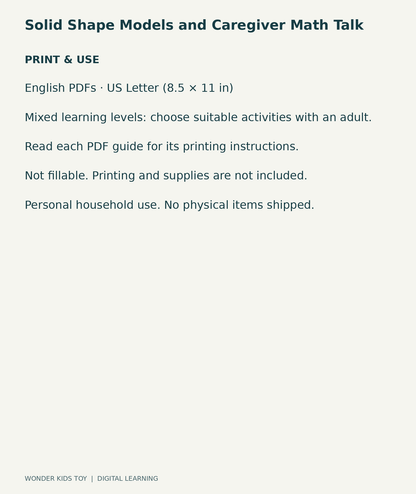 Solid Shape Models and Caregiver Math Talk: US Letter digital PDF print and household-use information