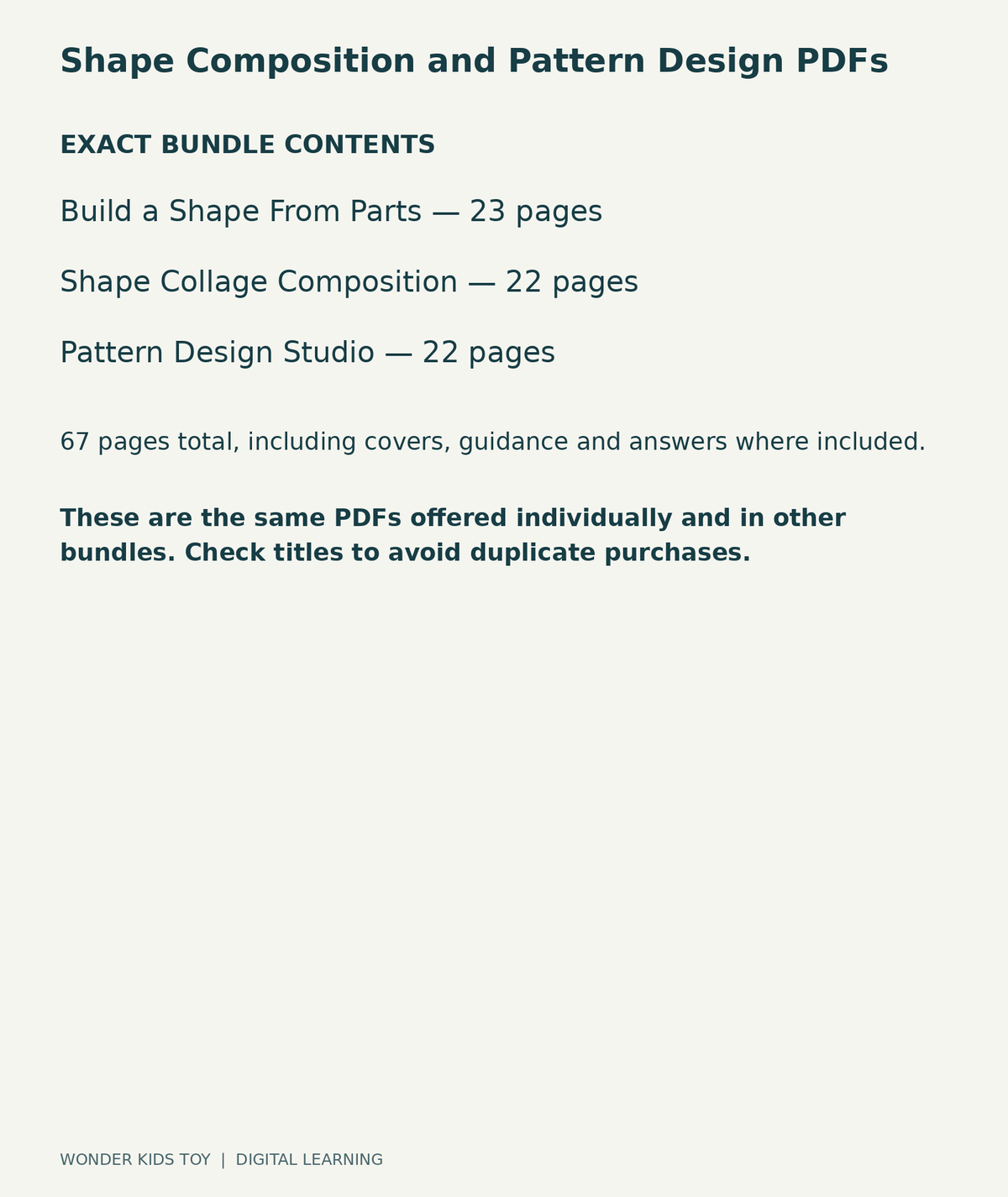 Shape Composition and Pattern Design PDFs: exact contents, 3 PDFs and 67 total pages