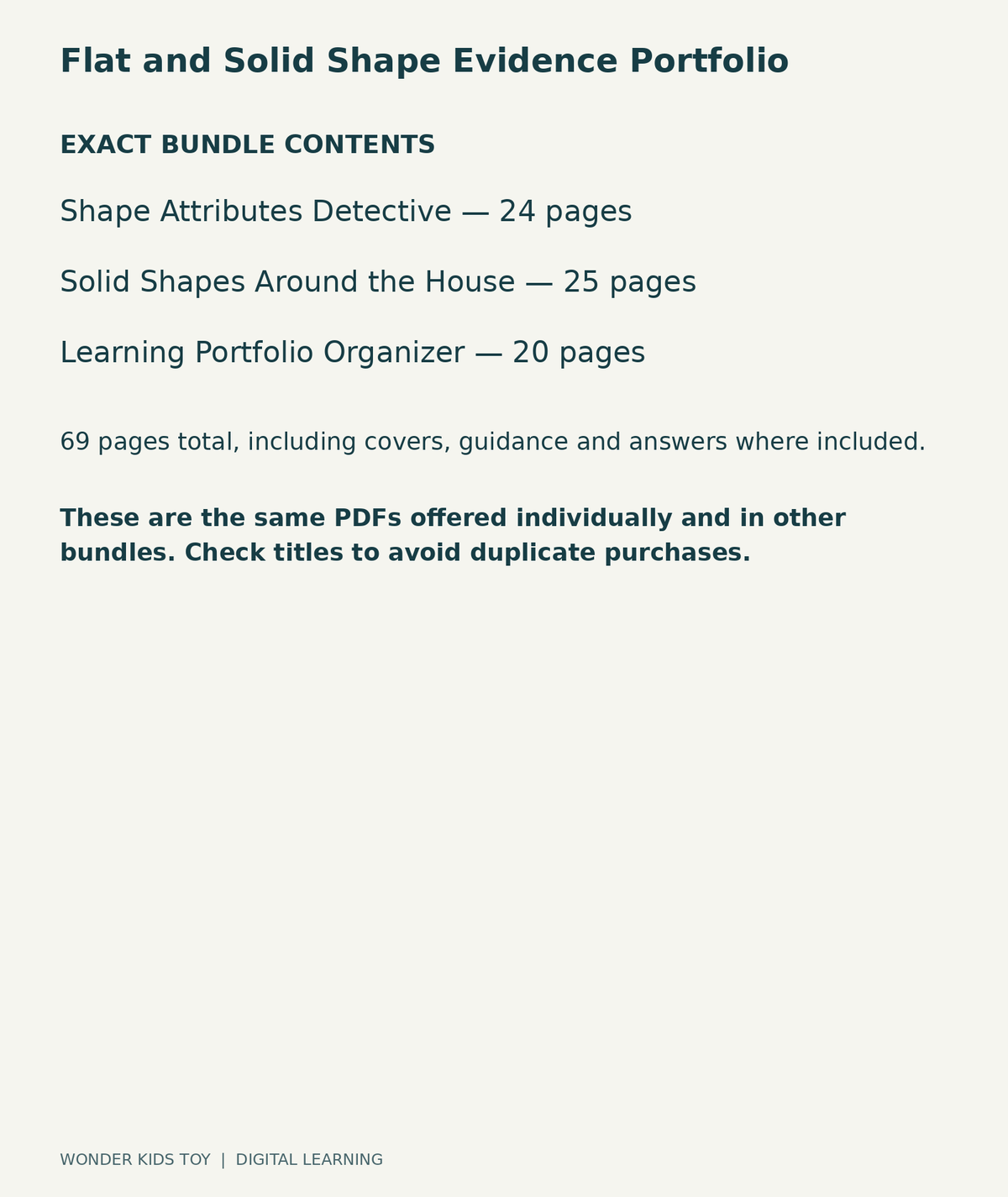 Flat and Solid Shape Evidence Portfolio: exact contents, 3 PDFs and 69 total pages