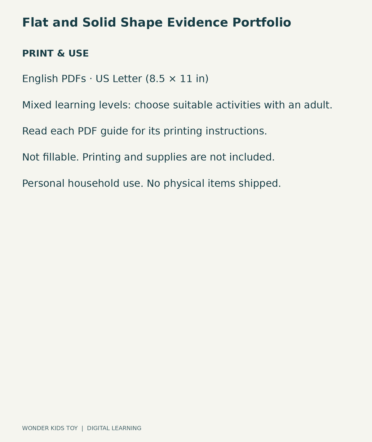 Flat and Solid Shape Evidence Portfolio: US Letter digital PDF print and household-use information