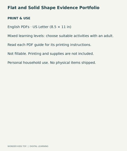 Flat and Solid Shape Evidence Portfolio: US Letter digital PDF print and household-use information