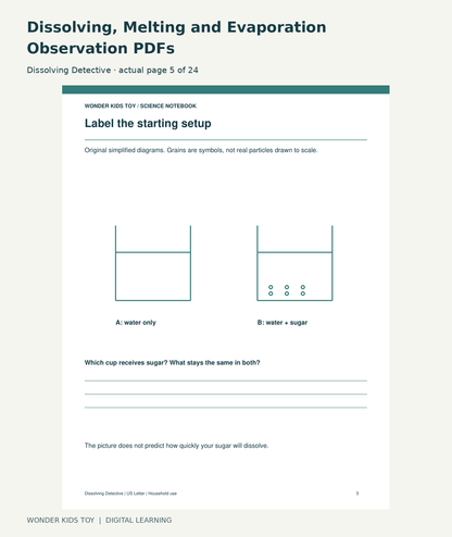 Dissolving, Melting and Evaporation Observation PDFs: Dissolving Detective actual included page 5