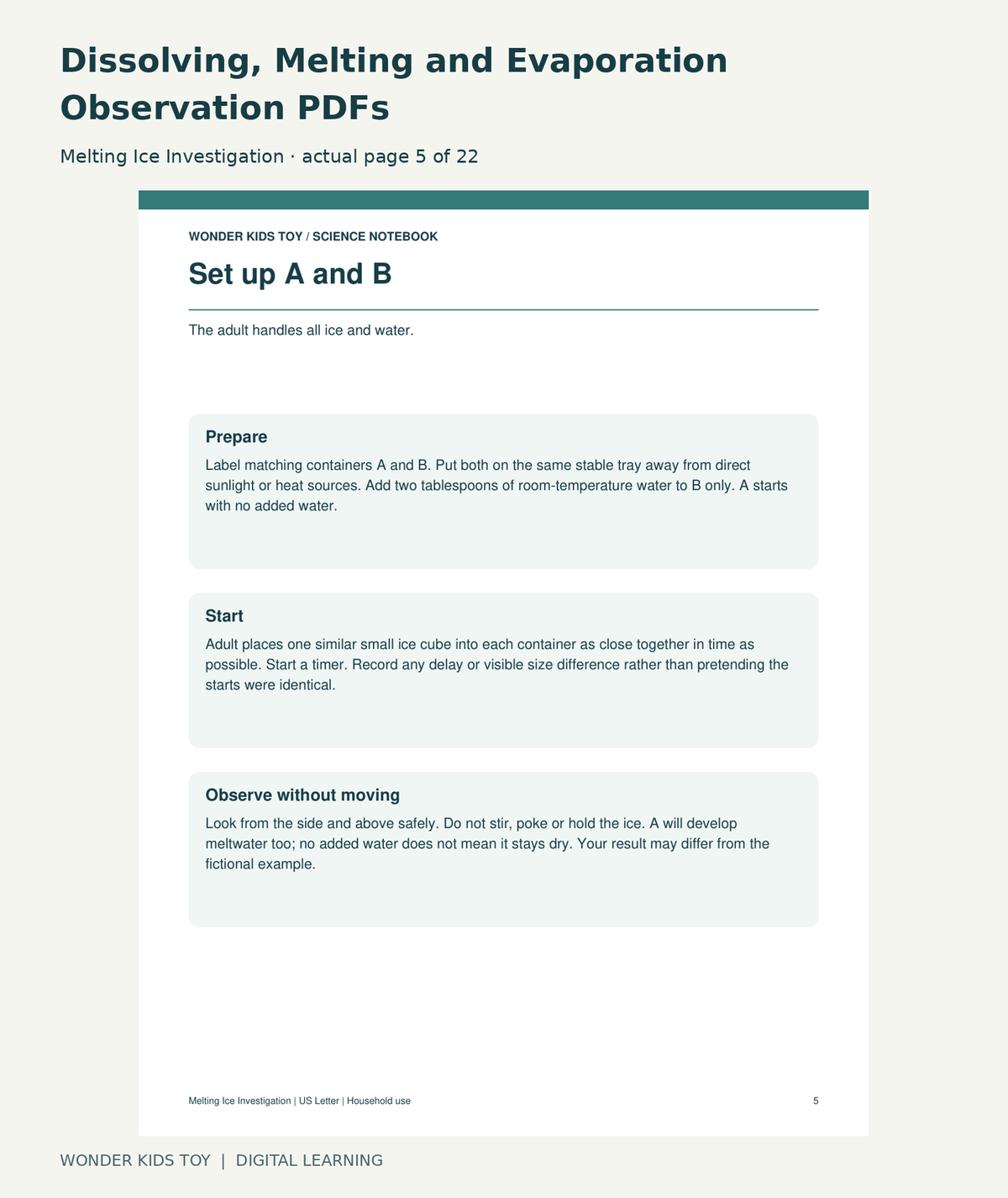 Dissolving, Melting and Evaporation Observation PDFs: Melting Ice Investigation actual included page 5