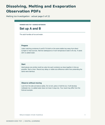 Dissolving, Melting and Evaporation Observation PDFs: Melting Ice Investigation actual included page 5