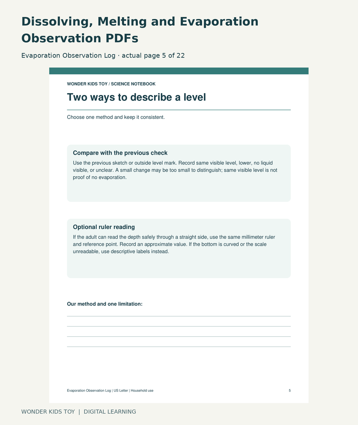 Dissolving, Melting and Evaporation Observation PDFs: Evaporation Observation Log actual included page 5