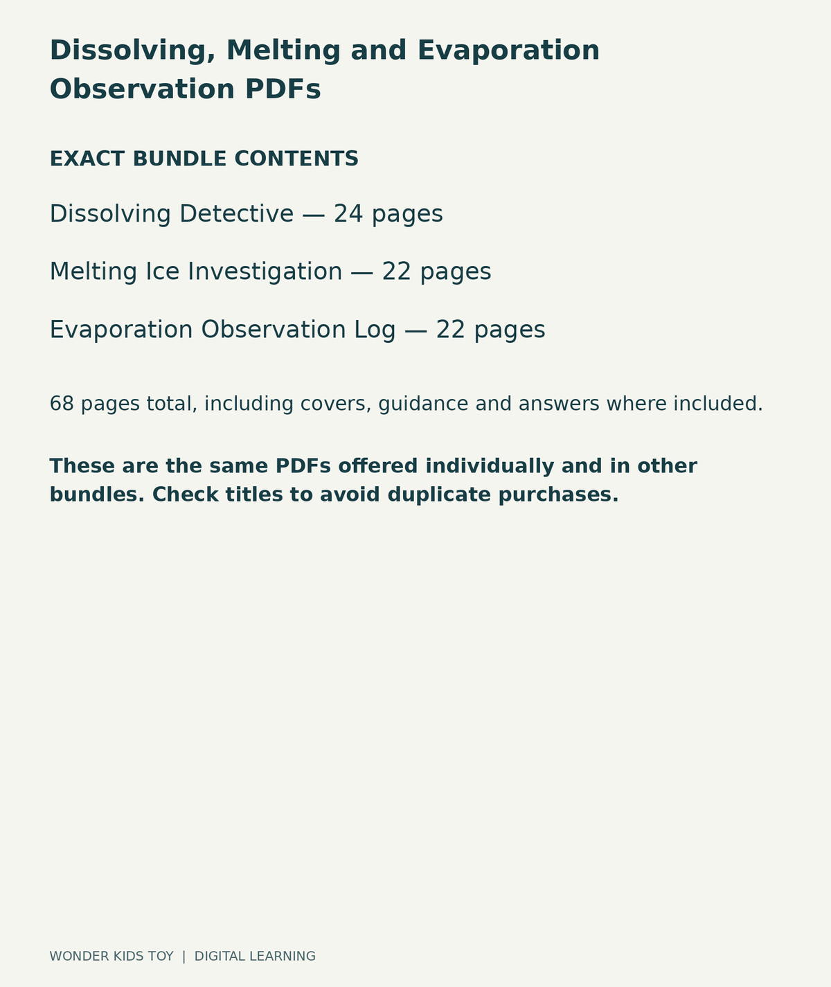 Dissolving, Melting and Evaporation Observation PDFs: exact contents, 3 PDFs and 68 total pages