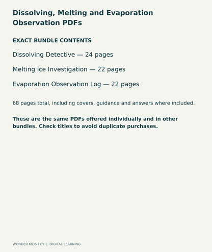 Dissolving, Melting and Evaporation Observation PDFs: exact contents, 3 PDFs and 68 total pages