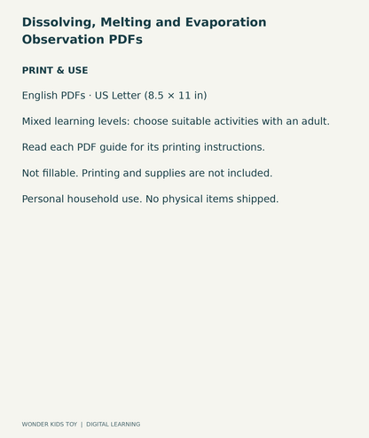 Dissolving, Melting and Evaporation Observation PDFs: US Letter digital PDF print and household-use information