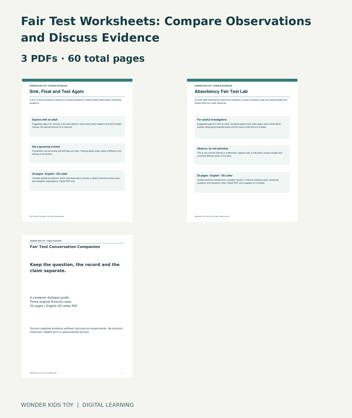 Fair Test Worksheets: Compare Observations and Discuss Evidence: actual included PDF covers