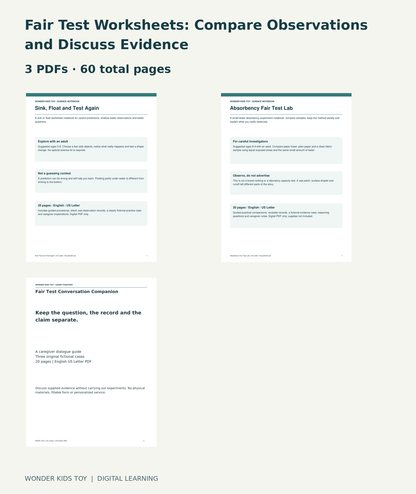 Fair Test Worksheets: Compare Observations and Discuss Evidence: actual included PDF covers