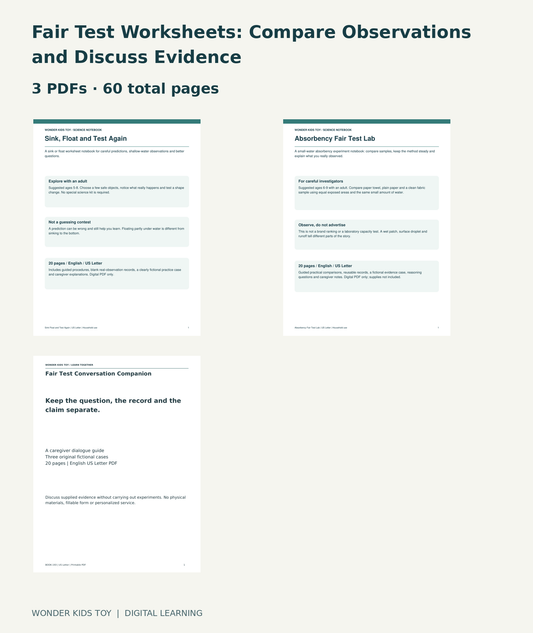 Fair Test Worksheets: Compare Observations and Discuss Evidence: actual included PDF covers